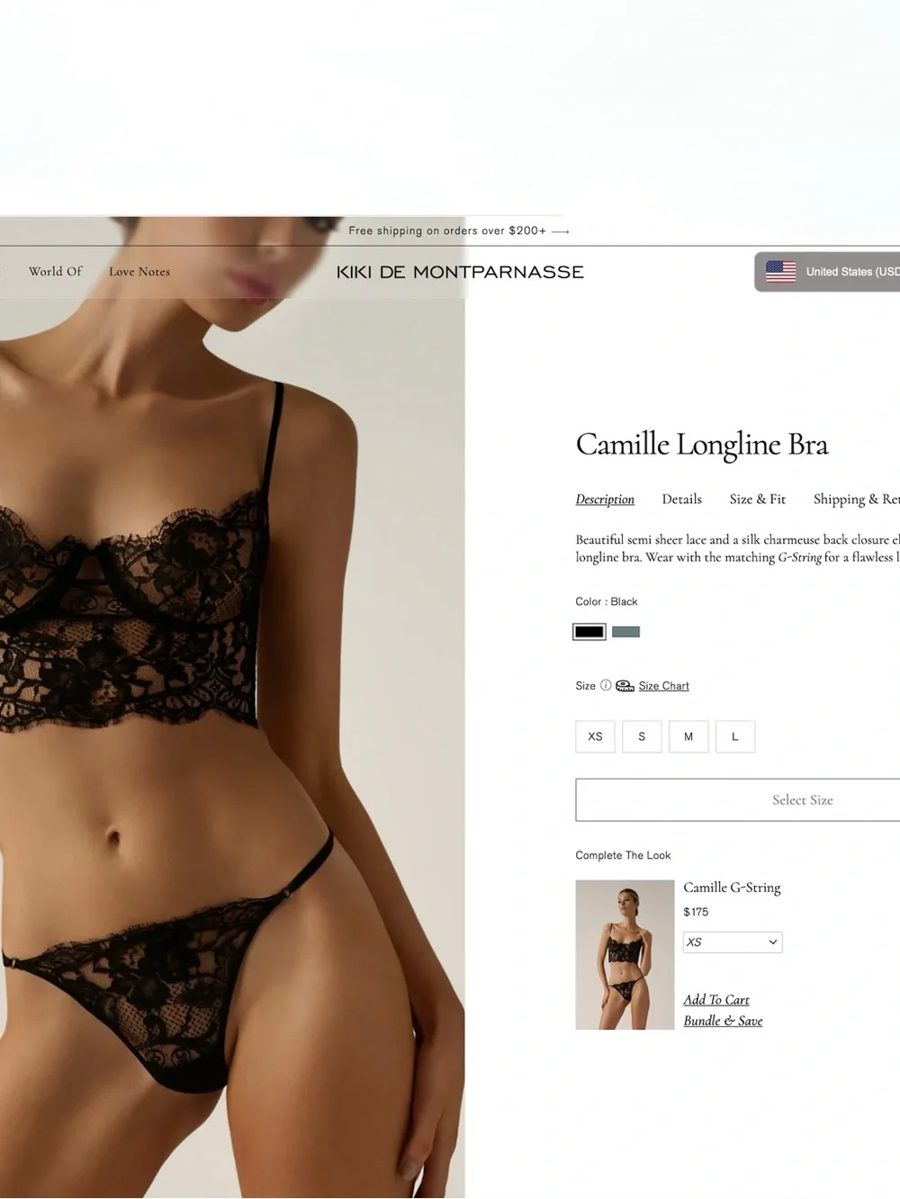 Black Kiki de Montparnasse Black Lace Longline Bra Sz M & Camille G-String